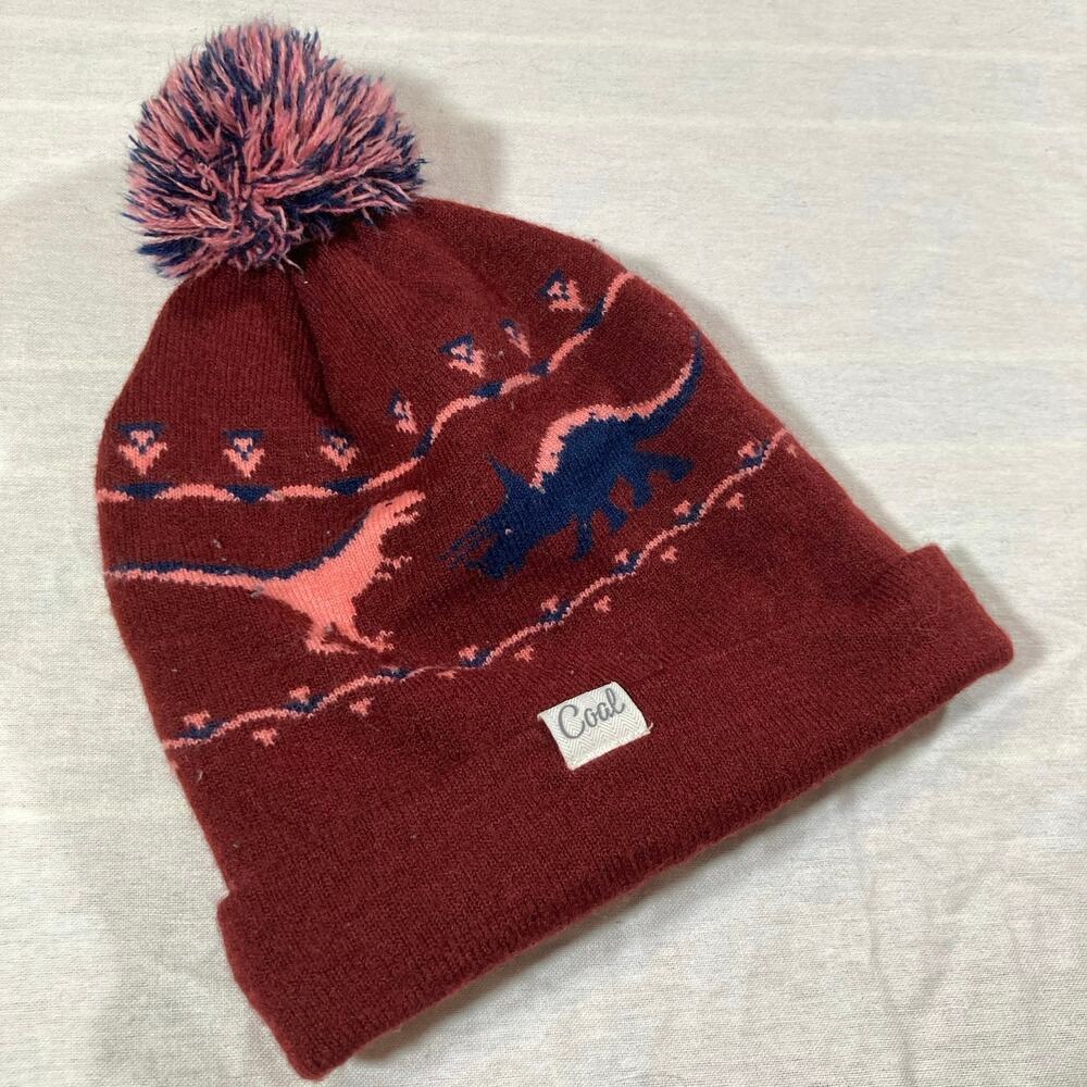 Coal Kids OS Red Dinosaur Winter Beanie Hat Pompom Ski Snowboard Outdoors Maroon